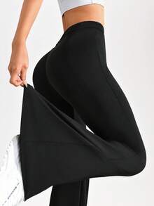 SHEIN Sports Women's Solid Color Ruched Flare Leg Casual Fitness Yoga Pants - Black - View 3