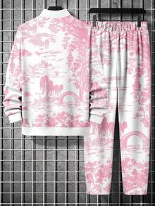 男士双色休闲日常拉链卫衣和运动裤套装，秋冬 - 彩色 - 查看 2