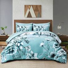 7 Pieces Floral Yellow/Aqua/Navy Blue Floral Comforter Set Queen King Bed In A Bag Botanical Floral Comforter Soft Soft Microfiber Complete Bedding Sets For Fall And Wedding Items,Valentines Day Home Bed Room Decor,Easter Gifts,Mothers Day Gift,All Season - Aqua01 - 查看 9