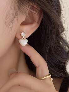 1 Pair Petite Elegant White Enamel Teardrop Glass Inlay Earrings, Chic For Daily Commute