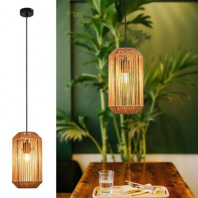 Glitzerlife Lampada a sospensione vintage lampada a sospensione tavolo da pranzo - Φ16 Lampada a sospensione Boho retrò lampada da pranzo a 1 fiamma design rattan con attacco E27 per sala da pranzo camera da letto soggiorno corridoio cucina / Senza fonte di luce
