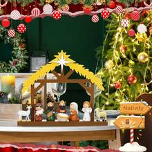 1 pieza Pesebre de madera navideño para escena de Natividad, con techo y estrella en el interior, a escala, establo de madera de la Sagrada Familia para decoración de interiores, mesa de hogar, decoraciones navideñas, decoración de habitación de invierno