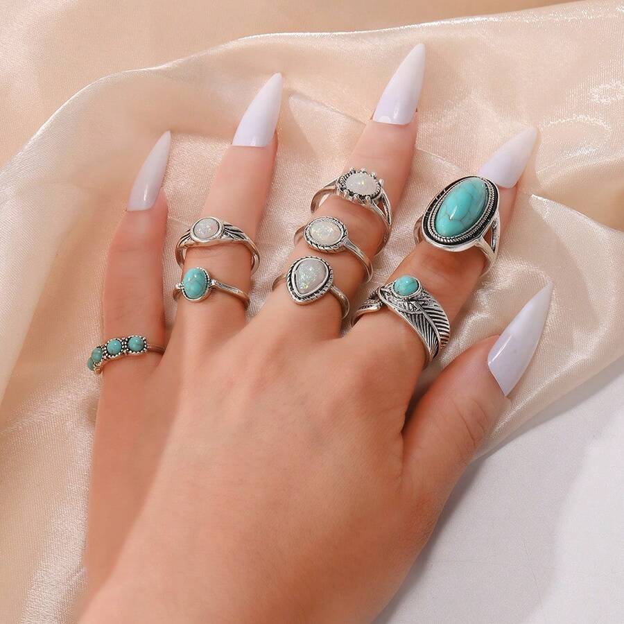 Set de 8 anillos casuales de estilo bohemio vintage con decoración de lágrima de turquesa, adecuado para vacaciones, fiestas, regalos y uso diario