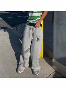 Men's Y2k High Street Sports Double-Waisted Sweatpants Printed Embroidered Street Casual Straight Trousers - Xám - Xem 7