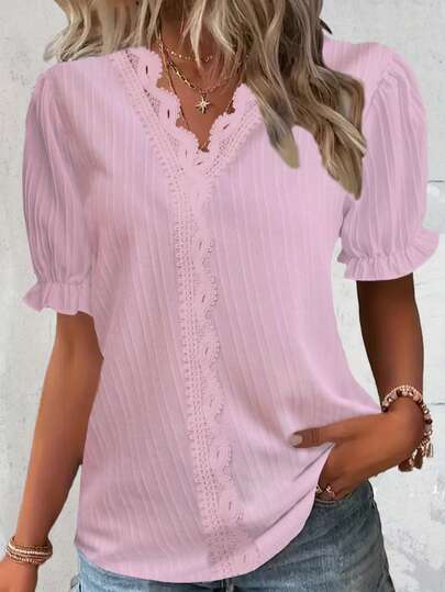 Spring/Summer Casual Solid Color Spliced Lace Trim Puff Sleeve Shirt