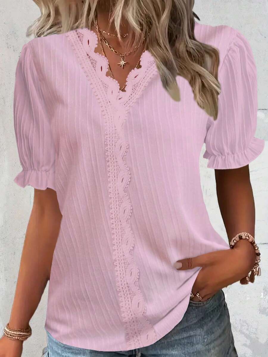 Spring/Summer Casual Solid Color Spliced Lace Trim Puff Sleeve Shirt - Pink - View 1