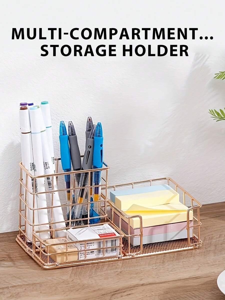 优雅金色金属桌面收纳托盘，多隔层办公桌收纳架，可放置钢笔、化妆刷等物品，精美桌面配件，适合女性、学生及家庭办公使用（金色/玫瑰金）办公桌办公用品笔筒办公配件 - 桌面收納籃 - 查看 1