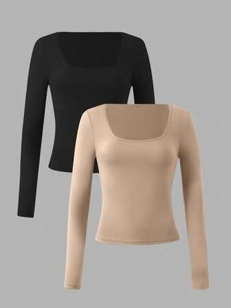 2pcs/Set Women Square Neck Long Sleeve Fitted Long T-Shirt Set, Casual Versatile Full Outfit, Suitable For Spring And Autumn