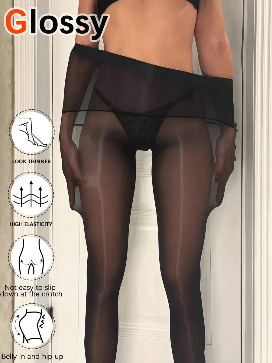 1双女士高腰无缝真丝丝袜，性感亮面连裤袜，薄款肤色修身紧身裤，舒适 - 黑色 - 查看 1