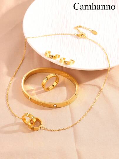 Camhanno 1 Set Sophisticated Vogue Stainless Steel Interlocking Circle - Inspired Jewelry Set (Necklace + Bracelet + Earrings + Ring), Elegant & Modern Style, Perfect For Dating, Party Gatherings, Daily Commute, A Perfect Present For Anniversaries