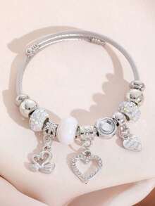 Stainless Steel Bangle Bracelet With Swan Pendant & Full Rhinestone Heart Shaped & Many Stars Rhinestone Decor, Best Gift For Couples, Suitable For Daily Wear And Dating Valentines,Mom,Mother,Mother's Day,Gift - White - View 5
