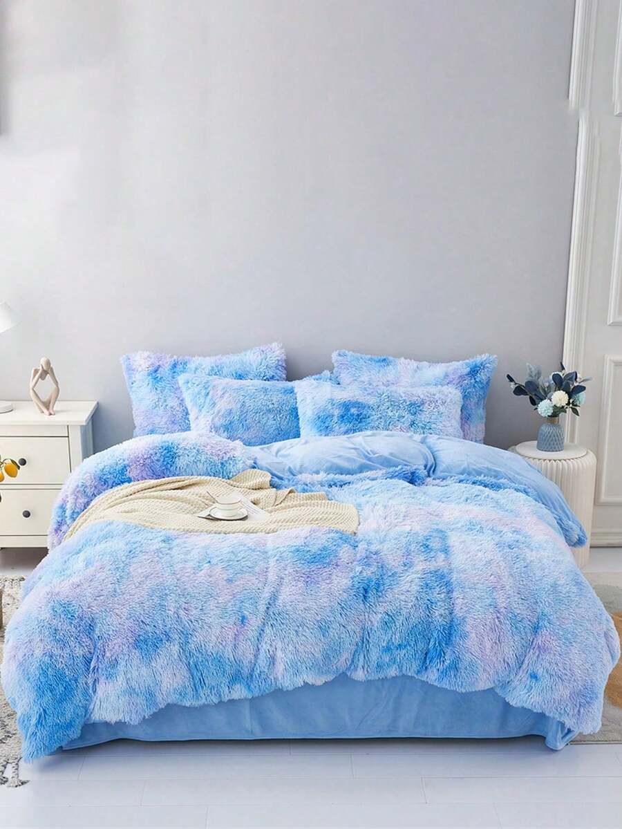 Bộ chăn ga gối đệm bằng vải lông chồn giả nhuộm loang mềm mại và ấm áp 1 món (1 chăn ga gối đệm + 2 vỏ gối), thích hợp cho phòng ngủ và phòng khách, có thể giặt bằng máy - Màu xanh lam - Xem 1