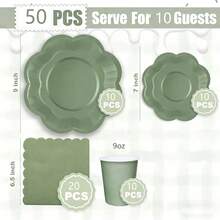 10 piezas/20 piezas/50 piezas/Set, Plato, vaso y toalla de papel de color verde salvia, Vajilla desechable de 9"x7" con plato en forma de abanico, Plato desechable de color verde salvia adecuado para fiestas, cenas, bodas, bautizos, revelación de género, plato para tarta de cumpleaños, fiestas festivas, comidas en grupo