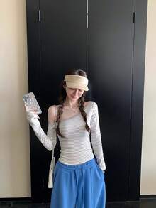 女式条纹露肩长袖修身上衣 - 淺灰色 - 查看 4