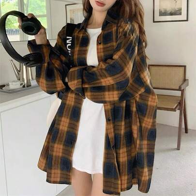 봄/가을 옷 여성용 브러시드 격자 무늬 긴팔 셔츠 새로운 게으른 스타일 탑 루즈 코트