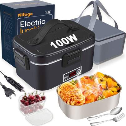 1.8L Electric Lunch Box With Digital Temperature Display, 100W Rapid Heating Food Warmer For Car/Truck/Home/Office, 304 Stainless Steel Heated Lunchbox With Multi-Power Options (12V/24V/110V) For Adults