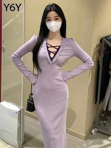 [Y6Y] 女士优雅紫色针织修身开衩长裙，V领长袖，修身设计 - 紫色 - 查看 5