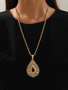 1pc Women's Gold Plated Hollow Pattern Necklace, Gold Bride Pendant Sweater Chain, Algerian Traditional Jewelry, Holiday Gift Valentine's Day Accessories - One Size - View 11