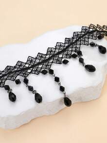 1pc Gothic Style Spider Web Lace Trim Black Crystal Tassel Necklace - Black - View 2