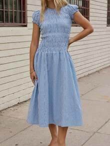 Women's Summer Dresses, Plaid Print Round Neck Short Sleeve Midi Dress For Casual Dailly Street Wear - 天藍色 - 查看 2