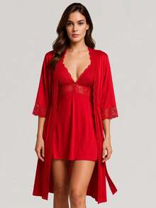 Sensual Nightgown With Lace Finish + Microfiber Robe With Lace PAULA. - Đỏ - Xem 1