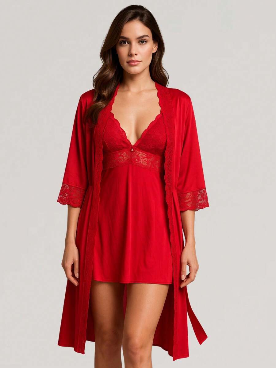 Sensual Nightgown With Lace Finish + Microfiber Robe With Lace PAULA. - Đỏ - Xem 1