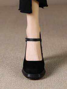 秋冬女士黑色法式方头粗跟高跟鞋，优雅时尚，适合派对穿着，厚底高跟鞋 - 黑色 - 查看 6