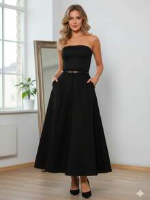 Simple Elegant With Belt Button Pocket Wedding - Black - View 2