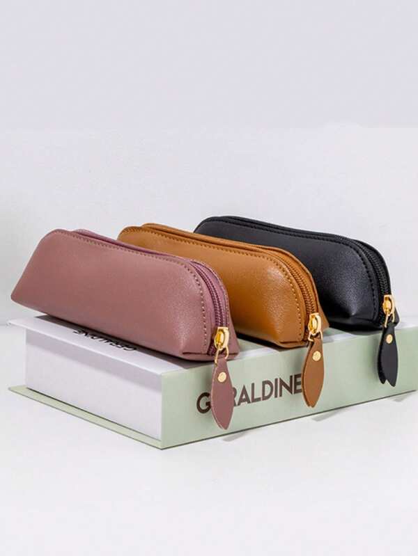 A Single Solid Color PU Leather Pencil Case, A High-End Student Exam Pencil Case, A Large-Capacity Storage Bag For Business And Office, A Minimalist Design Large-Capacity Storage Box, Suitable For Office Supplies, School Supplies, Makeup Brushes, And Stationery Accessories.