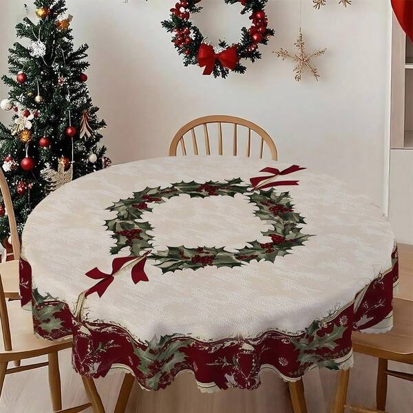 Toalha de mesa com padrão de guirlanda de Natal, 1/36 peças - Toalha de mesa retangular 100% poliéster, mesa redonda com relevo, adequada para festas de fim de ano, reuniões familiares, decoração de atmosfera festiva