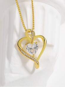 1 pieza Elegante collar con colgante en forma de corazón, incrustado con circonita cúbica, piedra natal de abril, montura de 3 garras, núcleo de cobre, adecuado para uso diario y como regalo