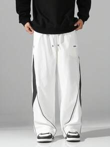 男士街头风运动裤 - 轻盈涤纶运动裤，侧边条纹，带口袋和抽绳腰带，撞色休闲运动裤，适合街头穿着、慢跑、户外休闲、健身房等场合，时尚百搭。 - 白色 - 查看 6