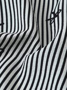 2pcs Comfortable Blue Striped Heart Collar Button Short Sleeve Top With Pocket And Bow Shorts Pajama Set, Suitable For Home Wear, Spring/Summer - Black - View 8