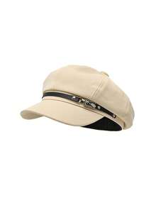 1pc Solid Color Newsboy Cap, Retro Fashion Style Cotton Material, Classic Silhouette With Black Leather Band And Metal Buckle Detail, Flattering Head Shape And Sun-Shading Function, Suitable For Spring/Autumn Daily Outings, Casual Dates And More