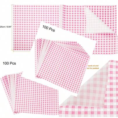 HARFINGTON 100pcs Square Checkered Wax Paper Sheets 9.84" X 9.84" Oilabsorbing Dry Food Wrapping Paper For Sandwiches Baking Picnics Bread Hamburgers Pink