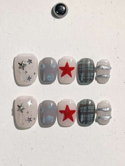 10 片蓝色和红色手绘格子、星点、波尔卡圆点、猫眼按压指甲，适合日常使用，短款方形，清新、Y2K、甜美酷炫假指甲，适合女士和女孩，DIY 美甲爱好者