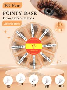 VP 800 Fans Curl:C/D 4D/5D /6D/8D/10D Pointy Base Short Stem Brown Premade Russian Volume Fans Faux Mink Premade Eyelash Extensions Makeup Cilios - D - View 1