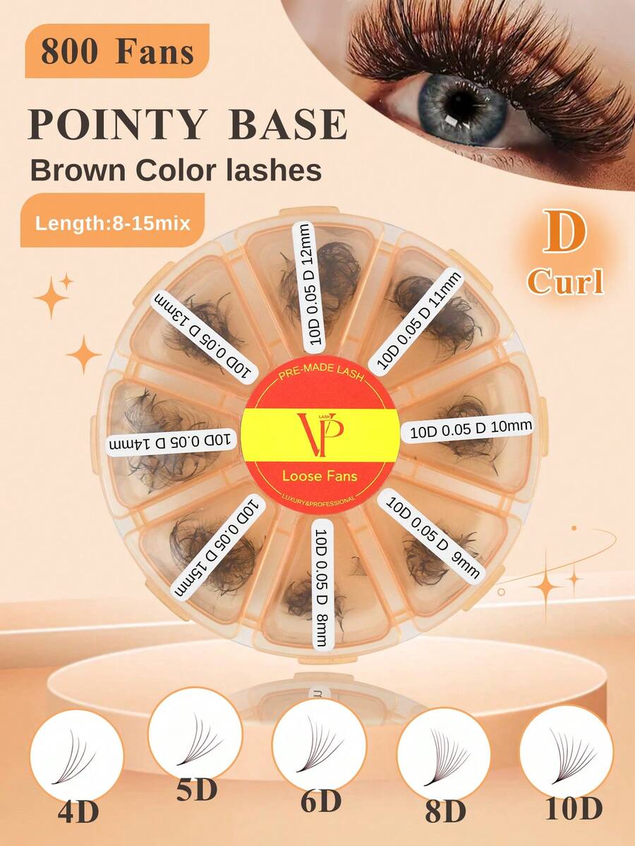 VP 800 Fans Curl:C/D 4D/5D /6D/8D/10D Pointy Base Short Stem Brown Premade Russian Volume Fans Faux Mink Premade Eyelash Extensions Makeup Cilios - D - View 1