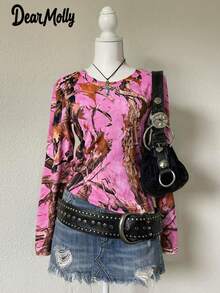 DEAR MOLLY 女士 Y2K 街头风树枝迷彩印花圆领 T 恤，时尚休闲百搭叠穿短袖 T 恤 - 粉色 - 查看 2