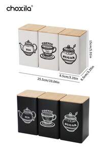 choxila 3件套咖啡储存罐茶叶零食咖啡豆储存罐竹盖铁艺展示方形罐