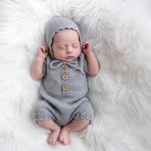 2pcs Newborn Photography Outfits Soft Knitted Baby Romper With Hat Newborn Photography Props Shorts And Cap Set Boy Girl Bodysuit Shooting Romper Baby Shower Gift - Nhiều màu - Xem 3