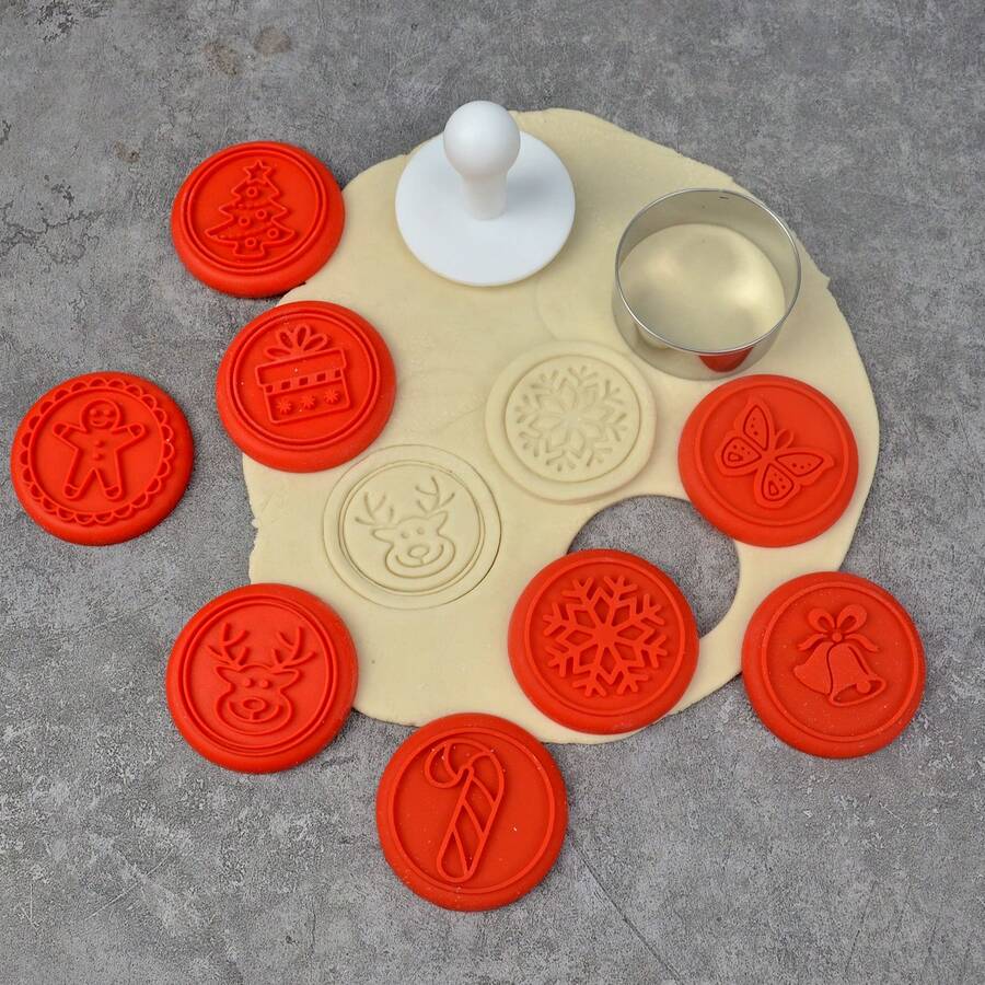 Assorted Round Christmas Cookie 3D Molds And Stamps, Silicone Christmas Baking Stamps, Cartoon Kitchen Birthday Party Supplies, Holiday Baking Tools, Reusable Lightweight Stamps, Multifunctional Baking Accessories