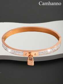 1PC Fashionable Retro Stainless Steel Mud Diamond Padlock Bracelet Suitable For Women's Daily Or Special Occasions, Casual, Party, Valentine's Day, Christmas Gifts - Yellow Gold - View 7