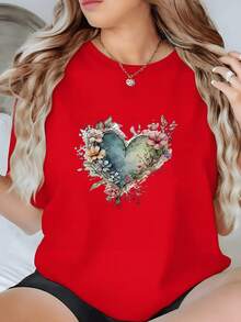 Top Camiseta Cuello Redondo Manga Corta 1 unidad de Camisa de T 100% algodón para Mujer Diseño de Corazón Floral Acuarela Único Camisa de T con Estampado Digital 220 Gramos Perfecta para Primavera Verano, Estilo Boho Chic - Rojo - Ver 1