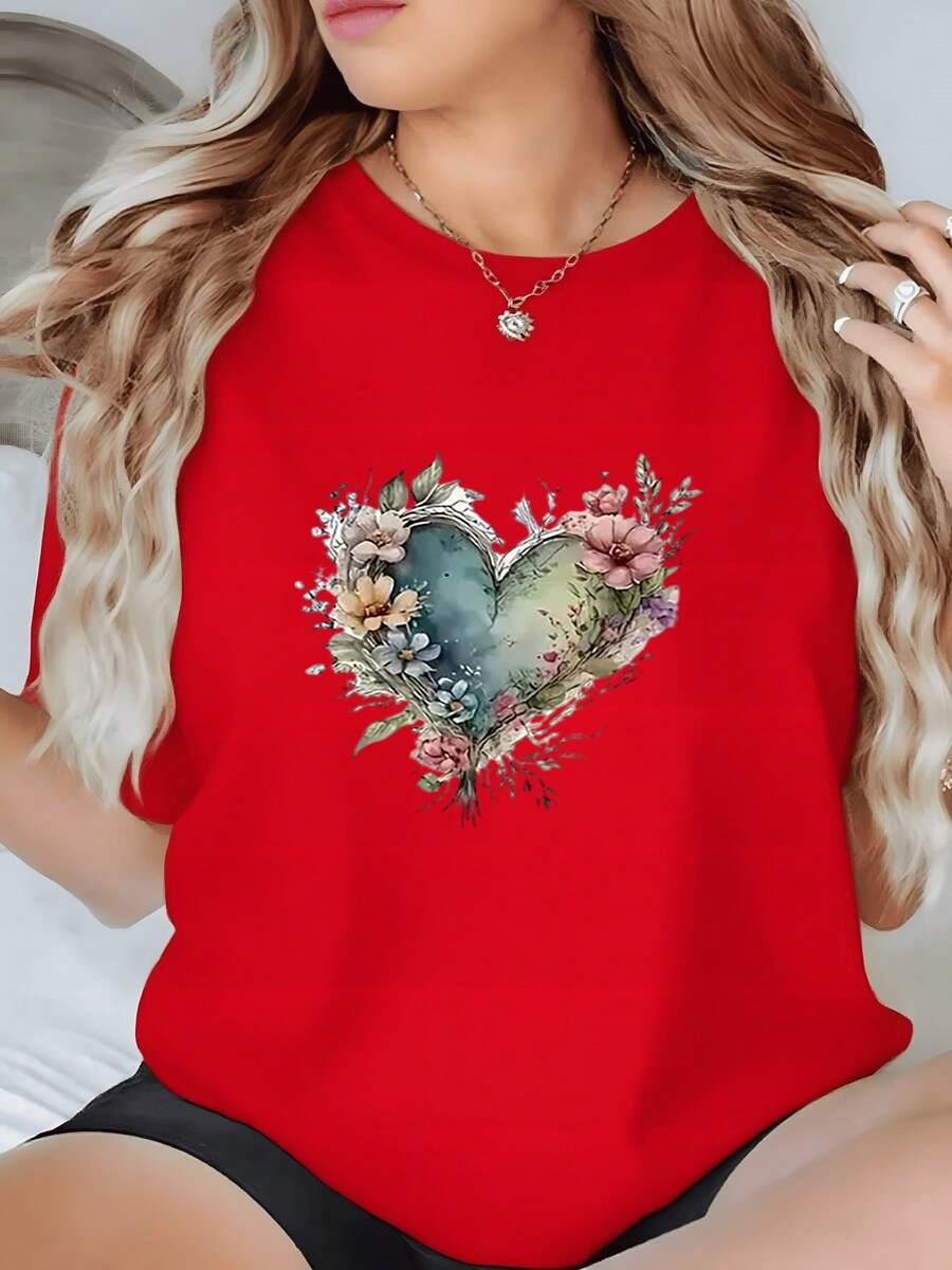 Top Camiseta Cuello Redondo Manga Corta 1 unidad de Camisa de T 100% algodón para Mujer Diseño de Corazón Floral Acuarela Único Camisa de T con Estampado Digital 220 Gramos Perfecta para Primavera Verano, Estilo Boho Chic - Rojo - Ver 1