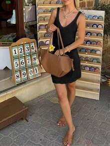 女士休闲无袖纯色轻薄度假罩衫迷你连衣裙沙滩黑色夏季 - 黑色 - 查看 4