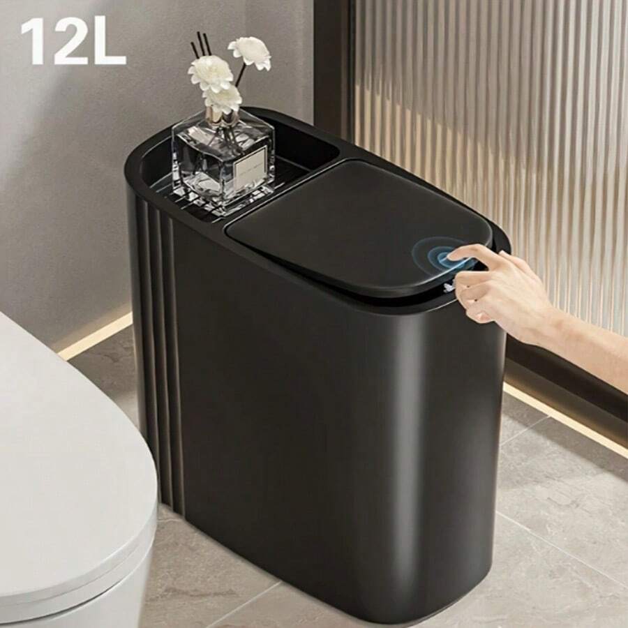 12-Liter Stylish Black Trash Can (One-Touch Push-Button Lid) Features A One-Touch (Push-Button) Lid, Silent Closing, And Odor-Proof Sealing Design. Constructed From Durable Plastic With A Sturdy Build, It Is Powder-Coated For Easy Cleaning And Maintenance. Its Space-Saving Elliptical Design Combines Modern Aesthetics, Making It Suitable For Homes, Bedrooms, Kitchens, Bathrooms, Laundry Rooms, Children's Rooms, Dormitories, Offices, And Commercial Spaces. This Compact Trash Can Serves As Both A Practical Waste Management Solution And A Decorative Office Supply - màu đen - Xem 1