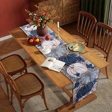 1 Thanksgiving Linen Table Runner - Blue And White Pumpkin Maple Leaf Design, Autumn Harvest Decoration Suitable For Farmhouse Restaurant Family Party, Multiple Sizes Available, Thanksgiving Table Decoration, Chinese Restaurant Style