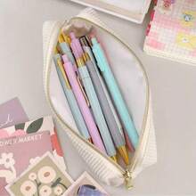 1pc High-Quality Corduroy Pencil Case - Large Capacity Polyester Material, Zipper Closure, Mixed White And Gold Zipper Pulls, Fashion Minimalist Design, Suitable For Students And Professionals, Professional Organization, Student Stationery Storage, Soft Fabric, Back To School Essential, Pencil Pouch, Backpack - Multicolor - View 11