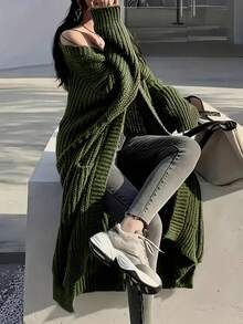 大码女式 V 领口袋罗纹针织长袖开衫 - 薄荷綠 - 查看 4